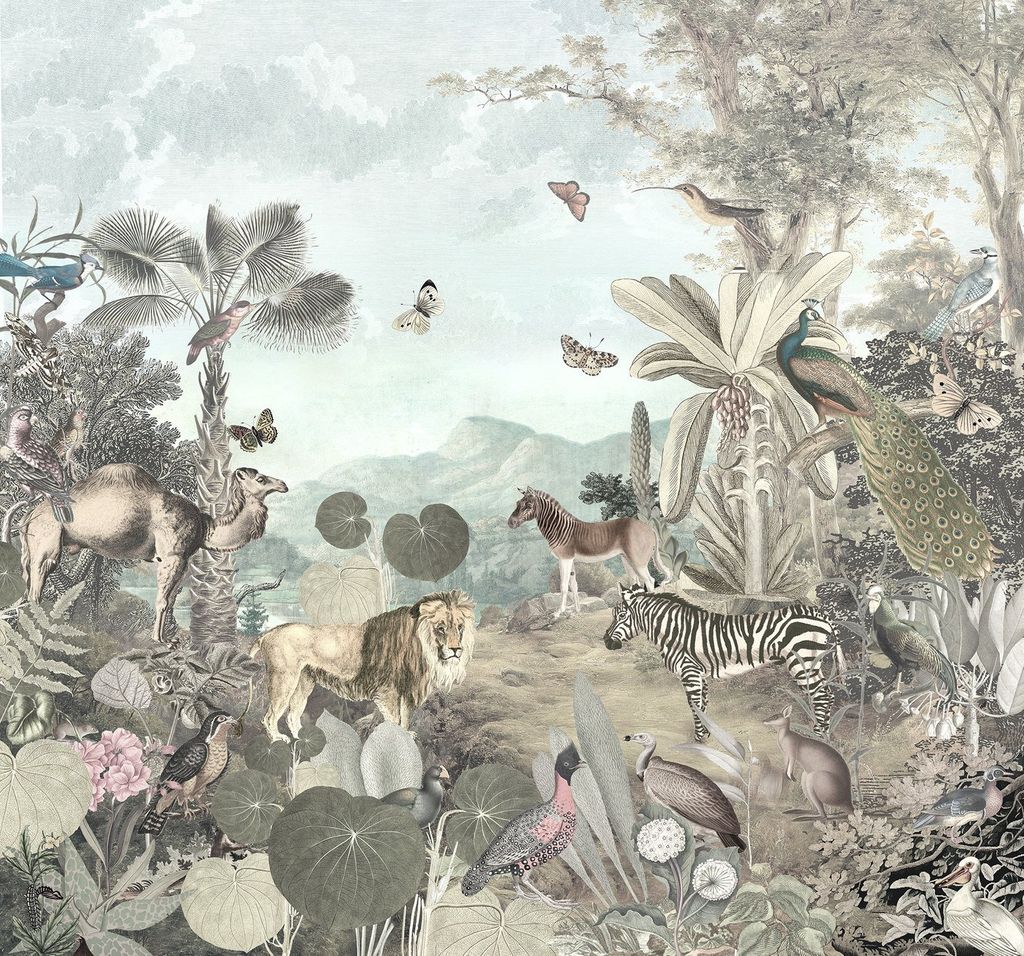 Állatokat és dzsungelt ábrázoló tapéta, 300x280 cm, zöld-világoskék - AKUNA - Butopêa